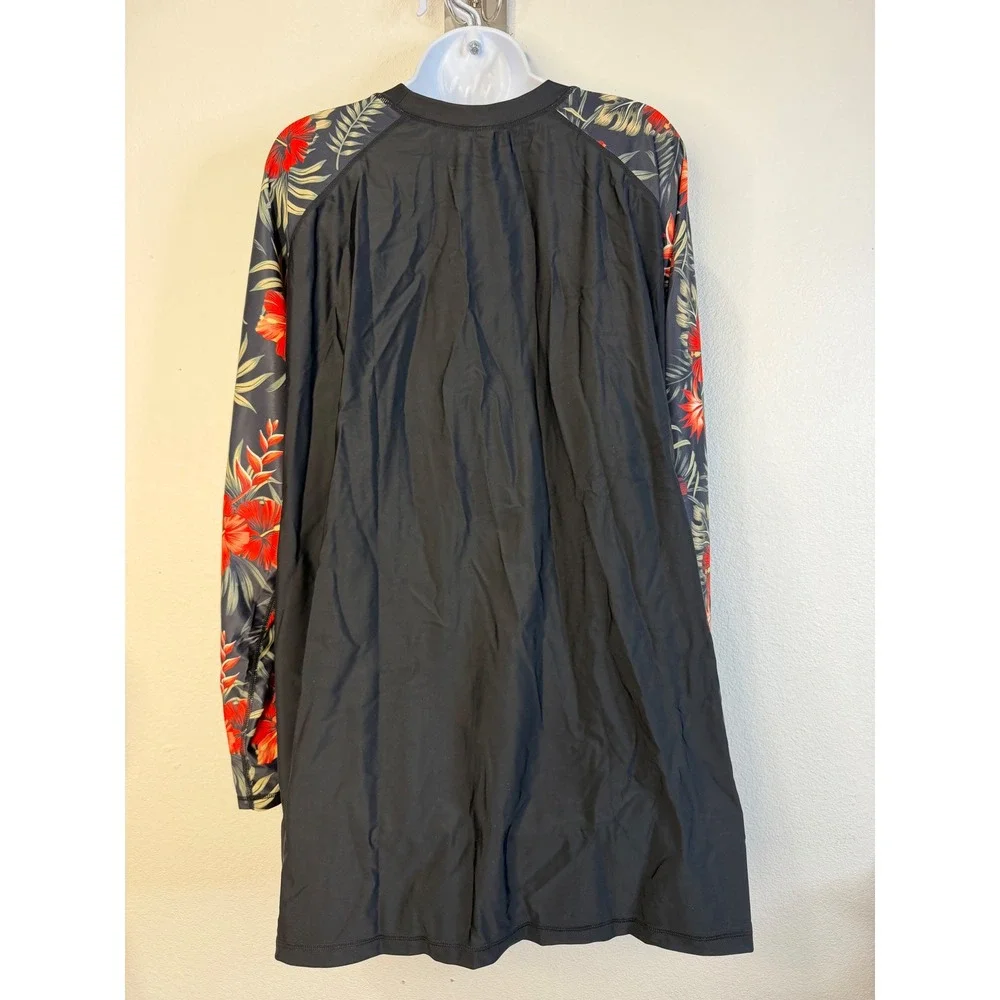 Halcurt Womens Plus Size 4X Rash Guard Long Sleeve Tropical Floral Black UPF 50+